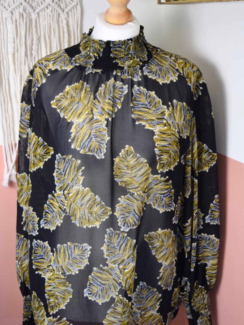 noah Black Mustard Botanical Print Sheer Smocked Blouse Boho Size XL
